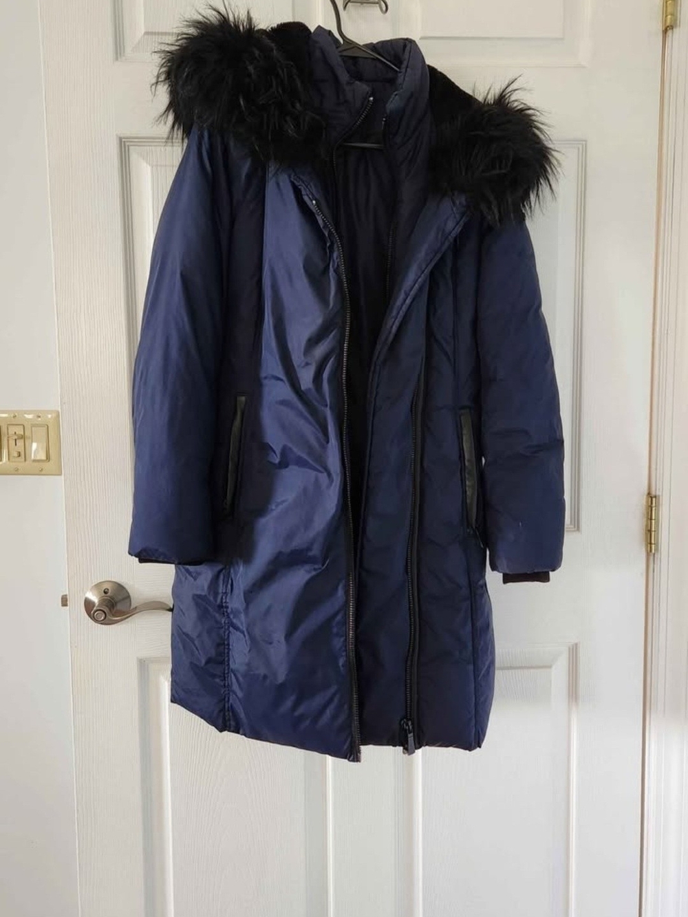 DKNY Navy Long Puffer Coat with Black Faux-Fur Trim